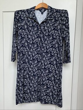 Lands' End Navy and White Floral Shirt Dress
